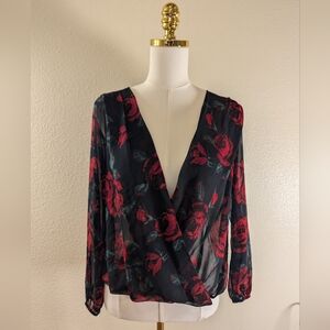 Olive Tree Black Sheer V-Neck Blouse With Red Roses